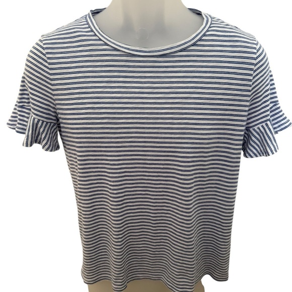 MICHAEL KORS Blue & White Striped Short Sleeve Top Women SP Small Petite - Picture 1 of 5